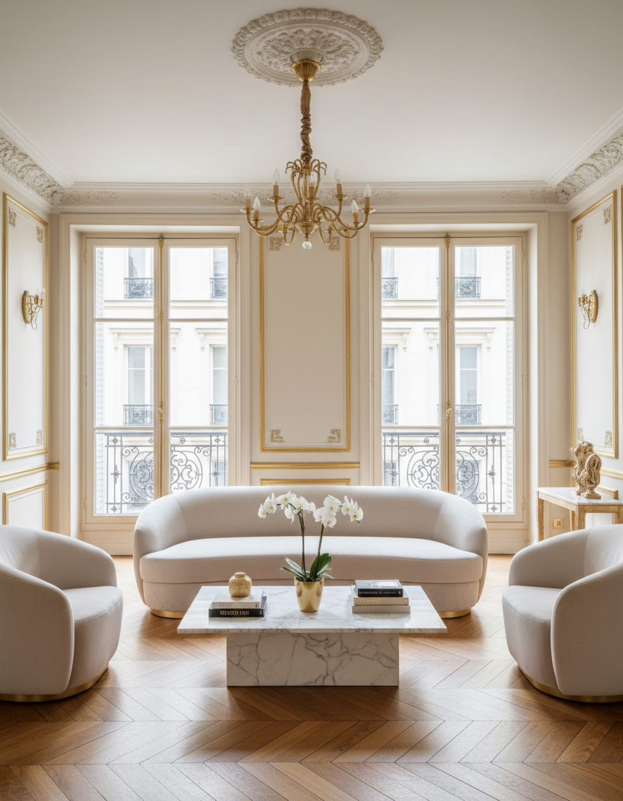 Intérieur luxueux rénové par MG Patrimoine — parquet Versailles et moulures restaurées dans un appartement Parisien