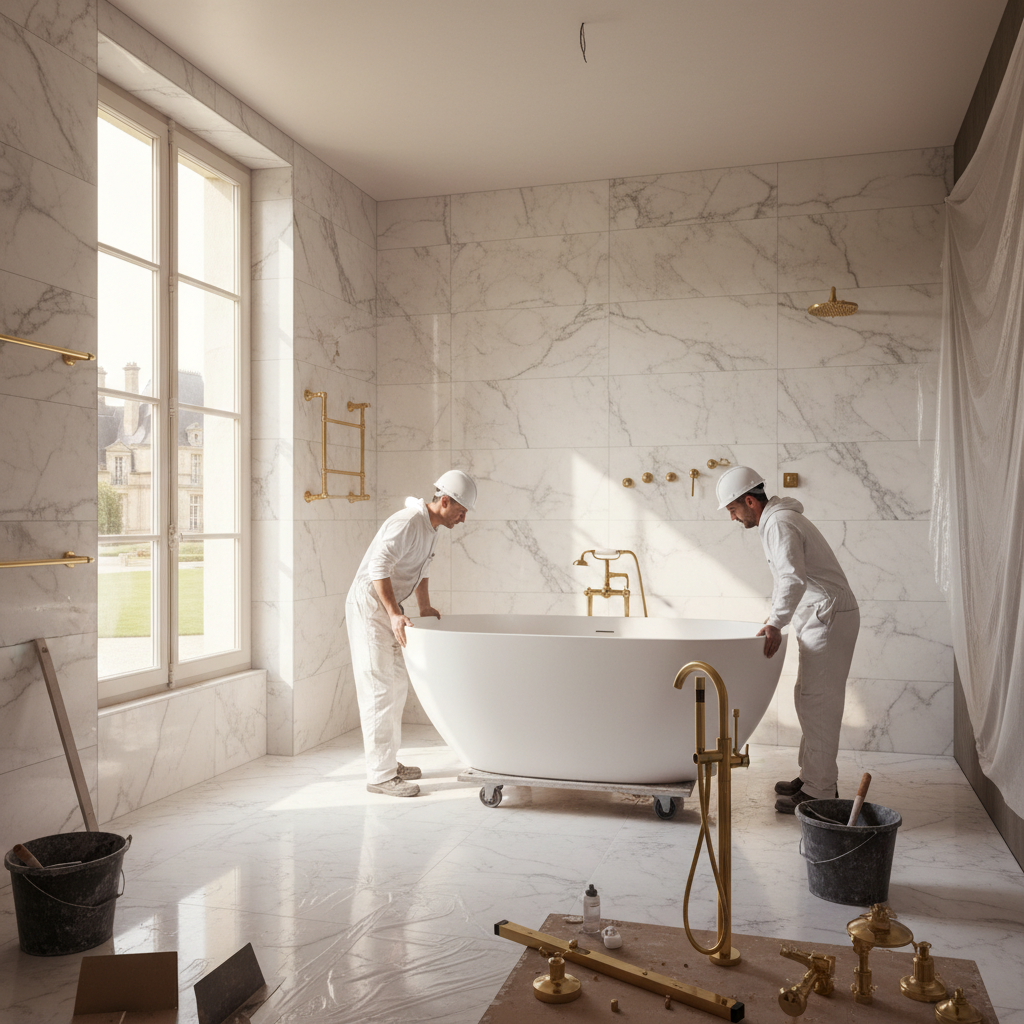 Chantier salle de bain luxe en marbre italien — pose carrelage grandes dalles à Paris 16ème