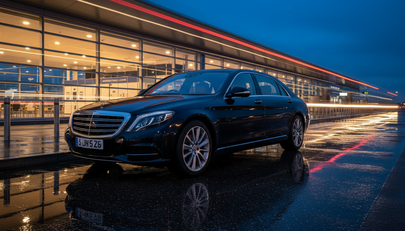 Premium executive airport transfer vehicle at modern UK terminal