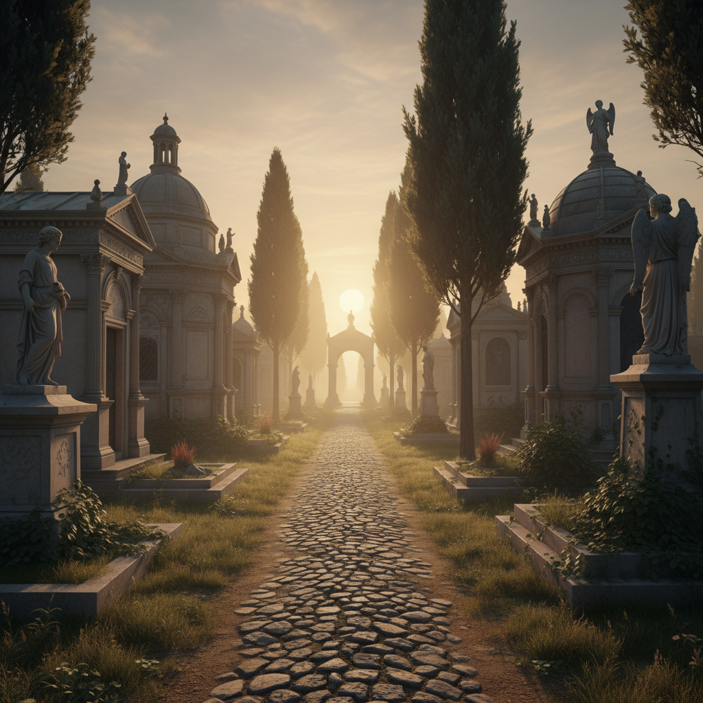 Cementerio histórico con panteones y vegetación