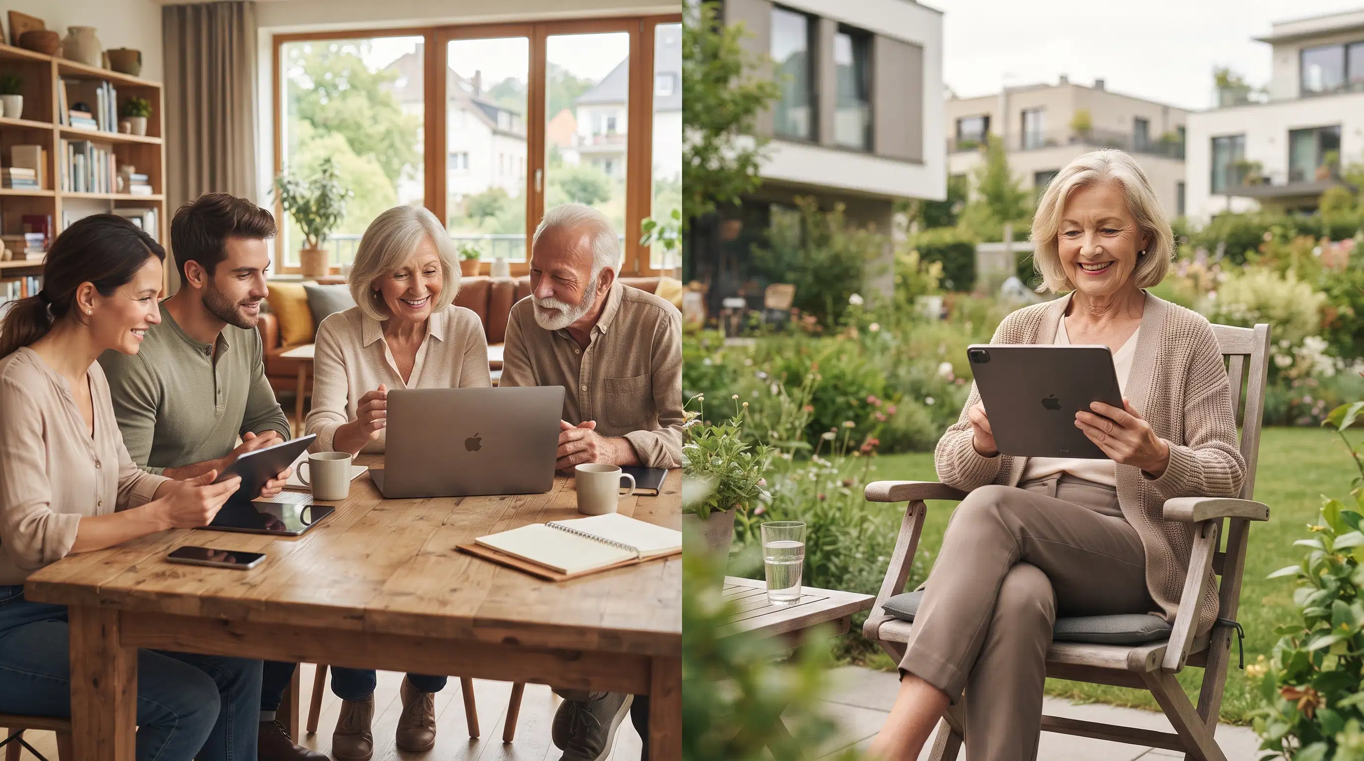 Une famille découvre le numérique ensemble, tandis qu’une femme utilise une tablette dans son jardin