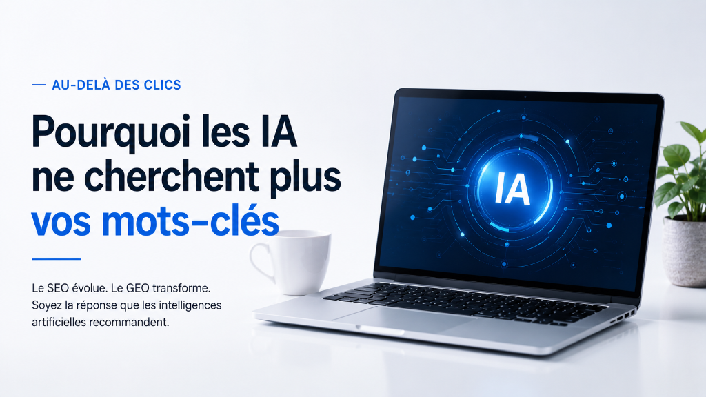 Illustration représentant l'évolution du référencement : des moteurs de recherche vers les intelligences artificielles génératives et le GEO.