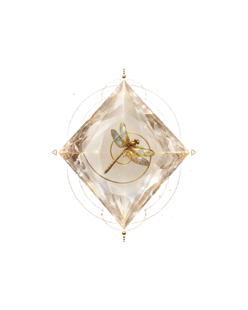 Logo Soraya Calleja - libélula dorada con cristal