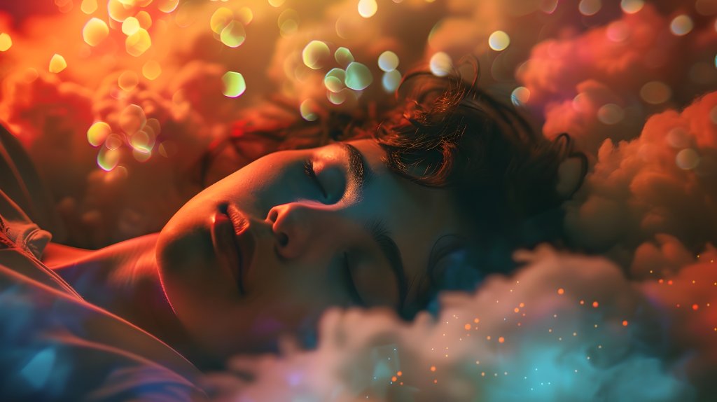 Escena onírica con formas coloridas flotando, representando el servicio de interpretación de sueños de Soraya Calleja