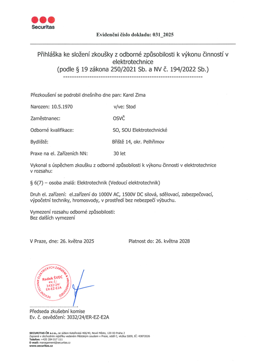 Certifikát odborné způsobilosti – Karel Zima