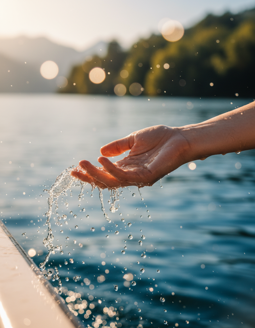 Hand trailing through crystal clear lake water