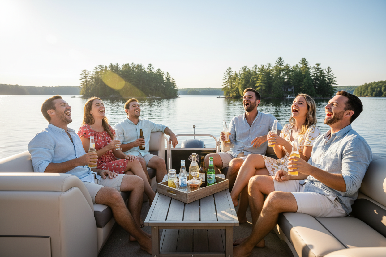 Group of friends enjoying drinks on a pontoon