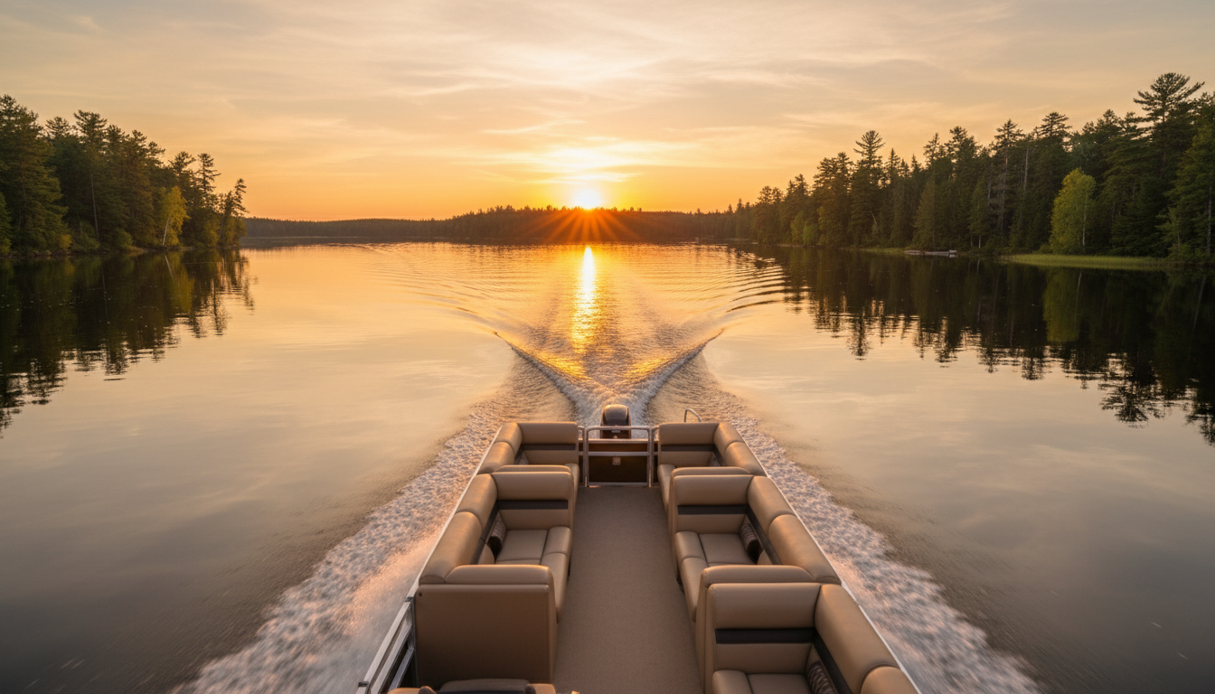 Pontoon boat cruising the Whitefish Chain at golden hour