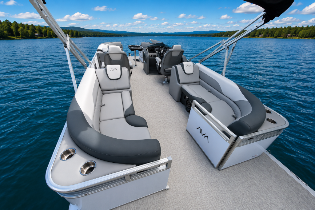 Premium lounge seating aboard Whitefish Chain pontoon rental