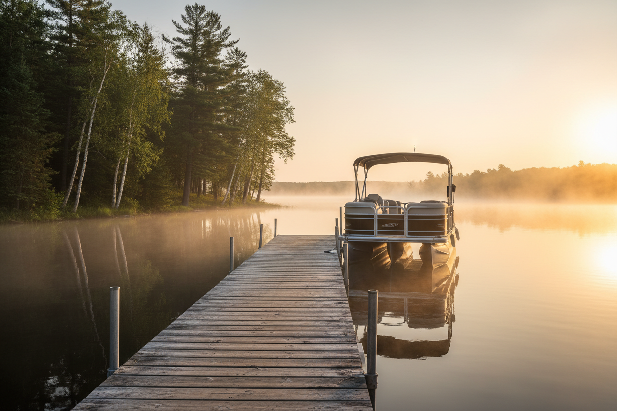 Beautiful wooden dock with pontoon boat at sunrise