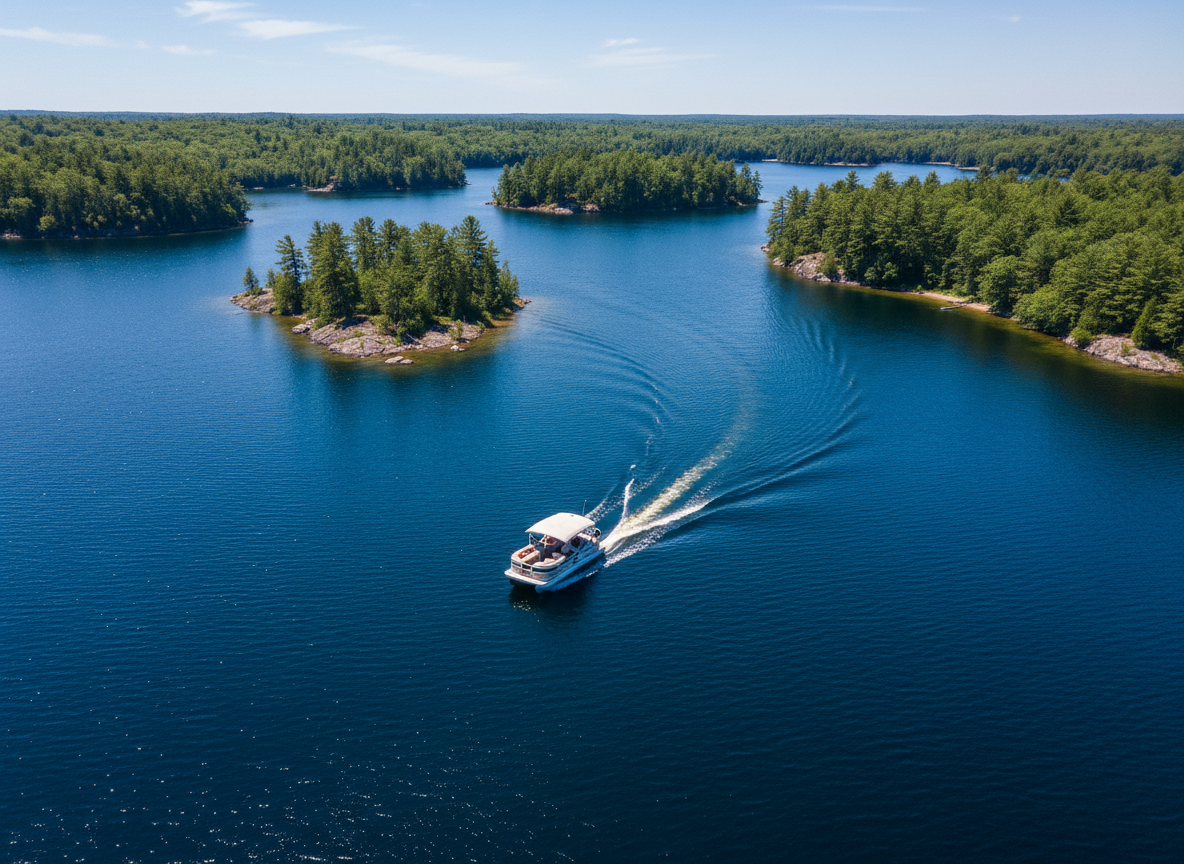Aerial drone view of pontoon on the Whitefish Chain