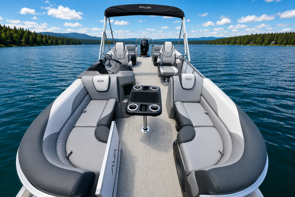 Spacious interior seating of Avalon pontoon on the Whitefish Chain