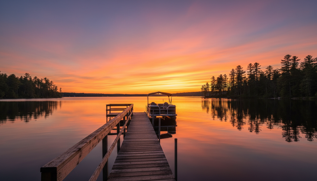 Stunning sunset over a Minnesota lake with dock and pontoon