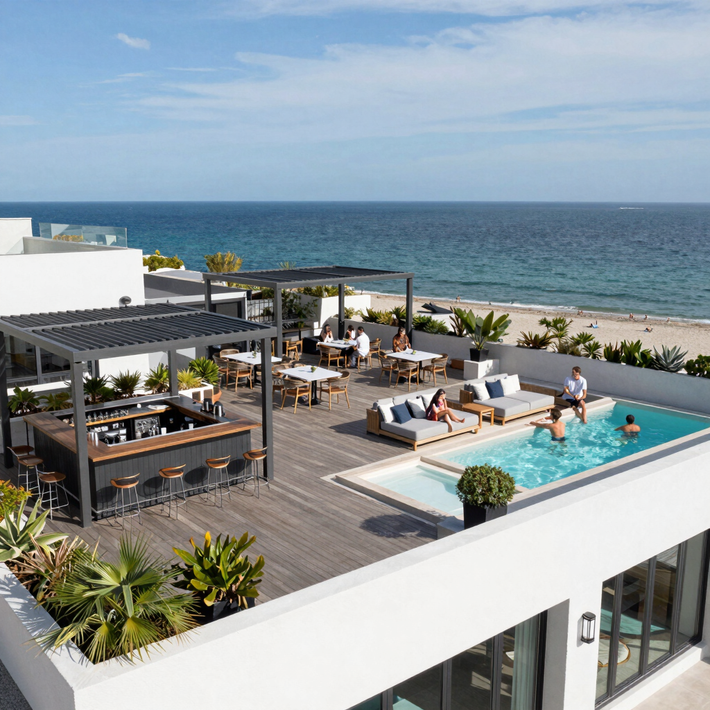Luxury hotel rooftop venue with steel truss system at golden hour