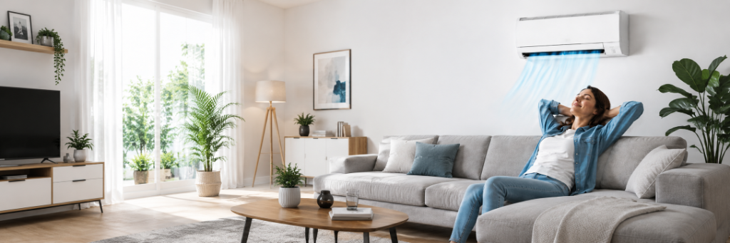 Modernes Wohnzimmer mit eleganter Split-Klimaanlage