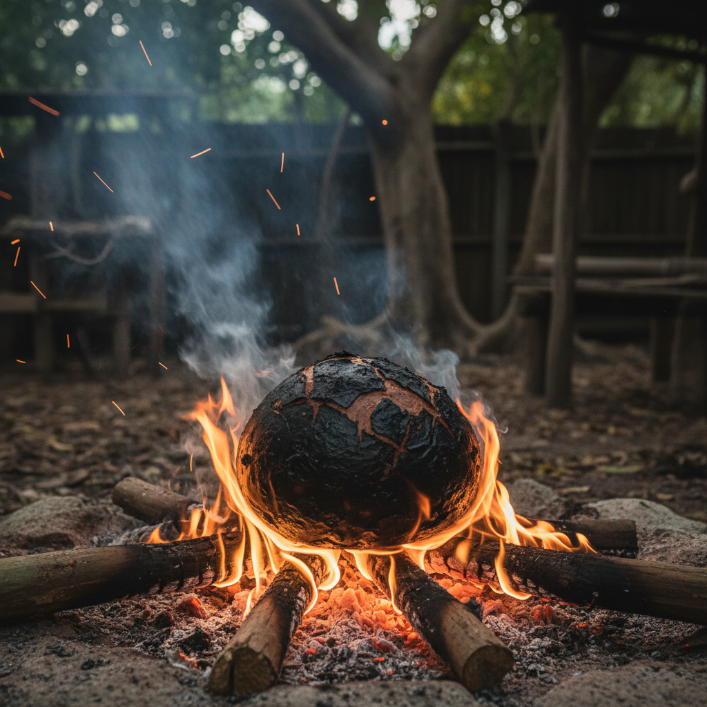 Breadfruit roasting on wood fire