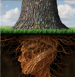 Tree with roots forming a human face silhouette, symbolizing deep roots and growth