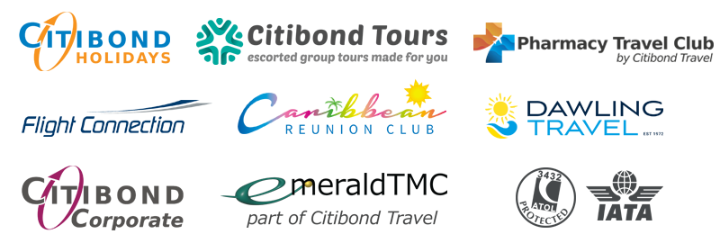 Citibond Group family of brands — Citibond Holidays, Citibond Tours, Pharmacy Travel Club, Flight Connection, Caribbean Reunion Club, Dawling Travel, Citibond Corporate, Emerald TMC