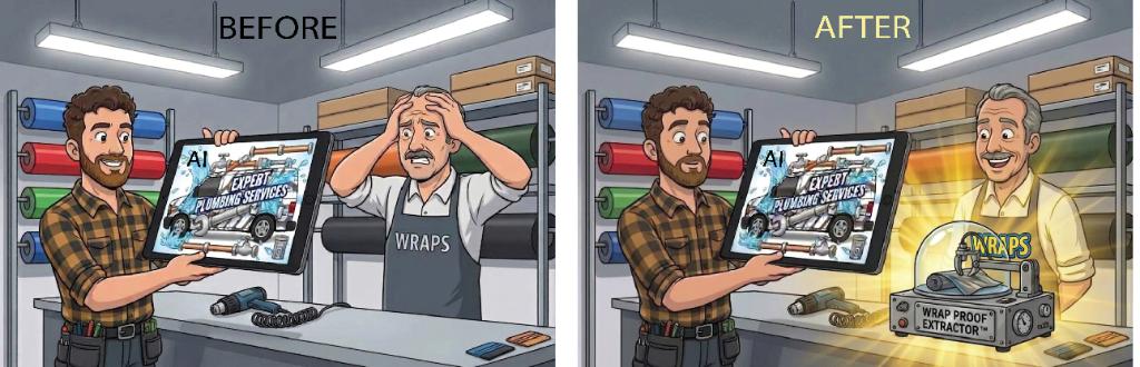 Before stressed with AI mockup, after happy with WrapExtractor tool