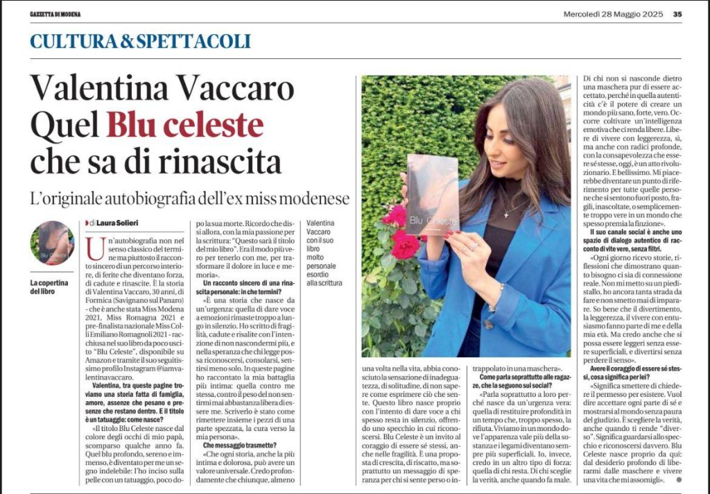 Articolo Gazzetta di Modena su Valentina Vaccaro e il libro Blu Celeste