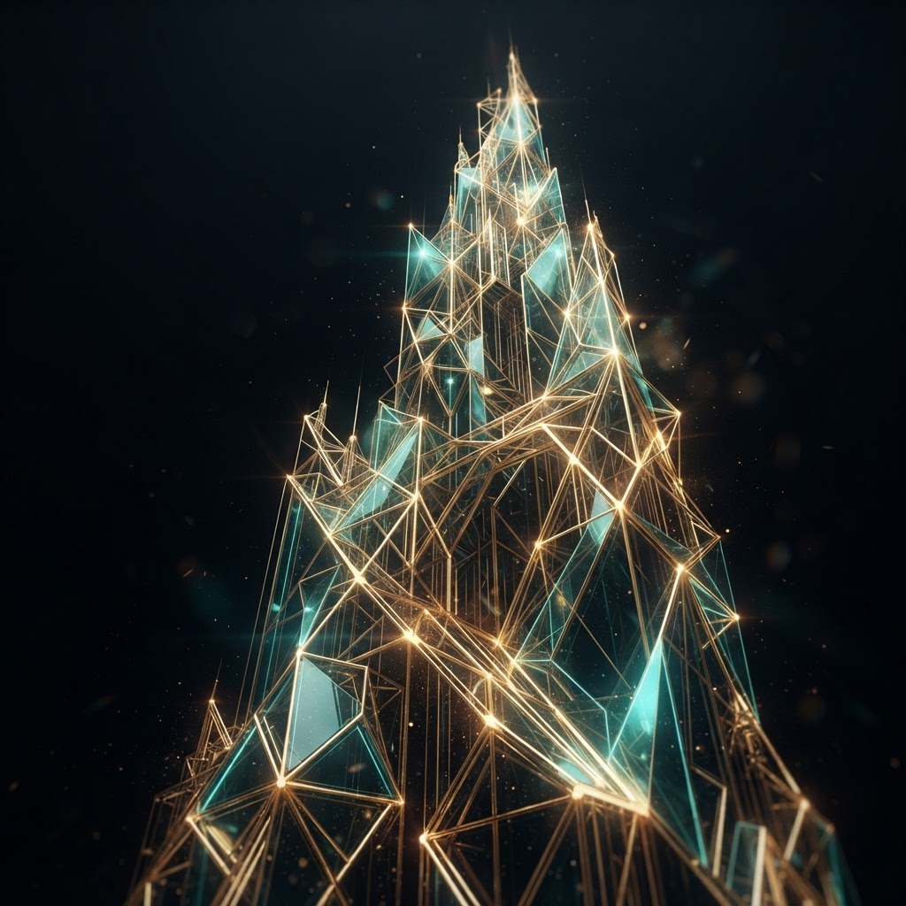 The wealth architecture — a lattice of gold and teal light rising from darkness