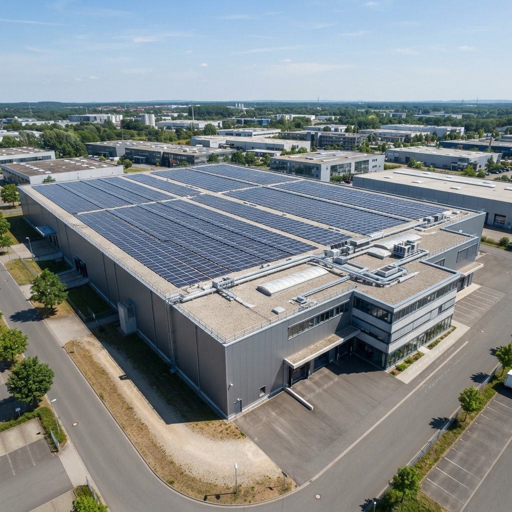 Photovoltaikanlage auf dem Dach eines deutschen Gewerbegebäudes