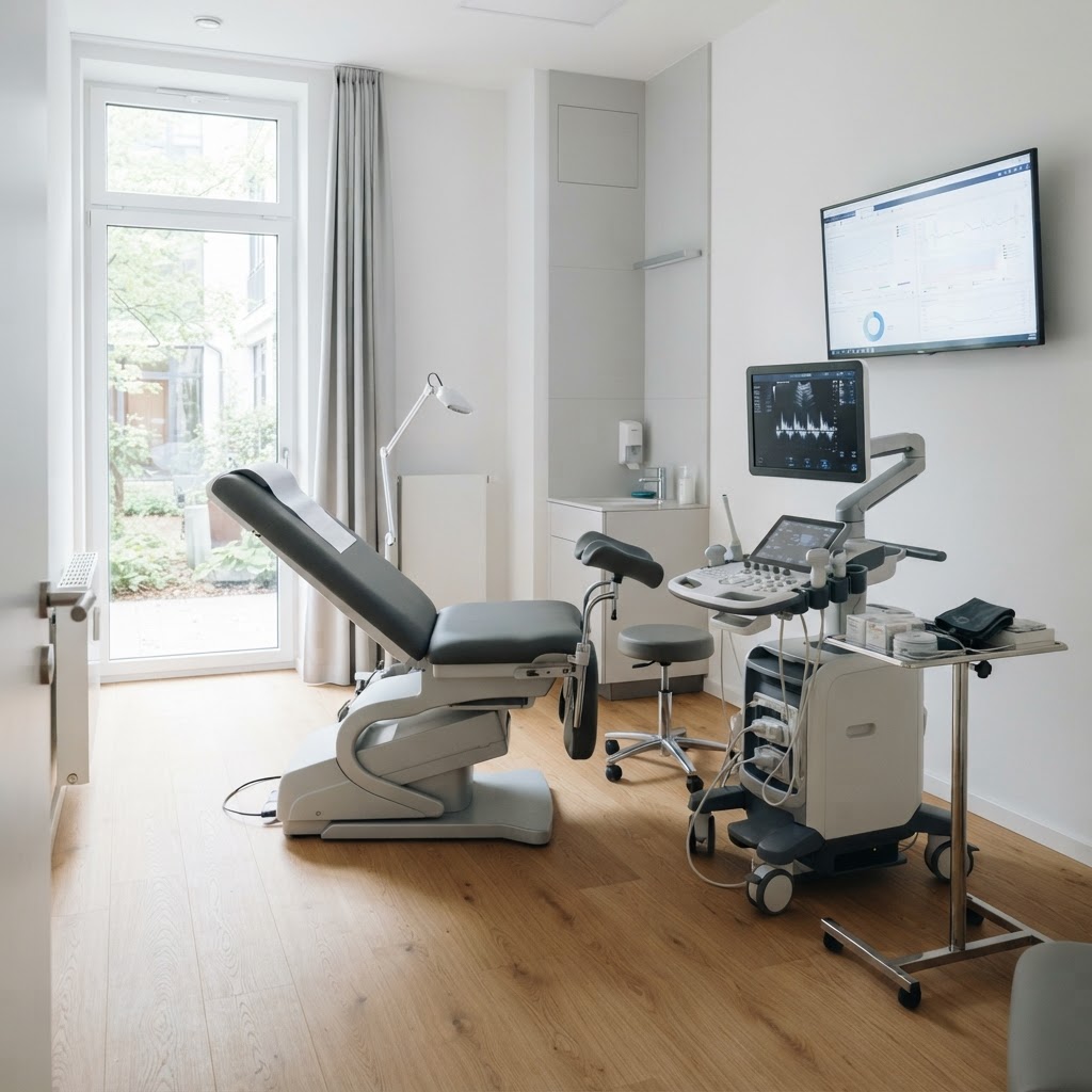 Moderne helle Arztpraxis mit Untersuchungsliege und Diagnostikgerät