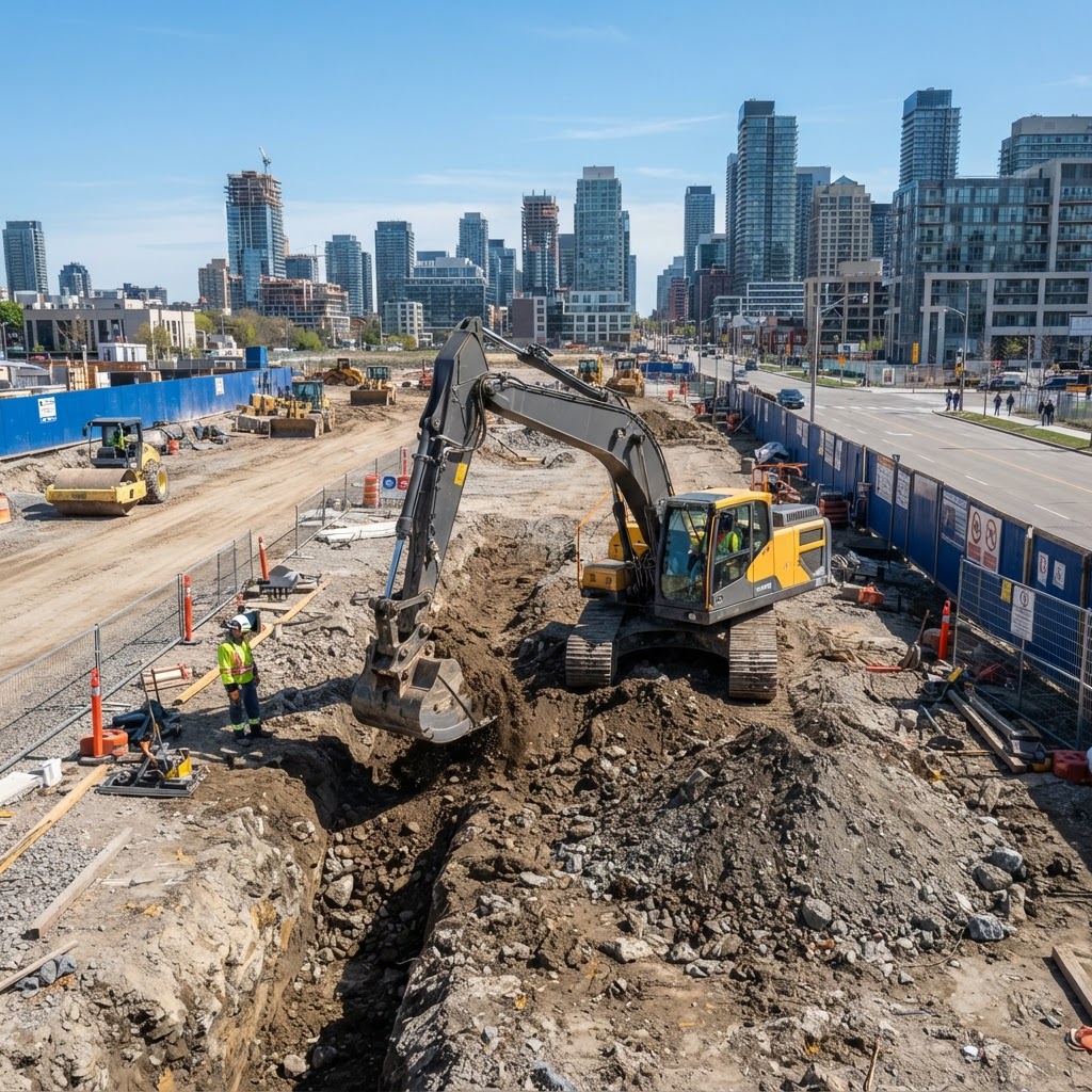 Moderne Baumaschine im realistischen gewerblichen Einsatz auf einer Baustelle
