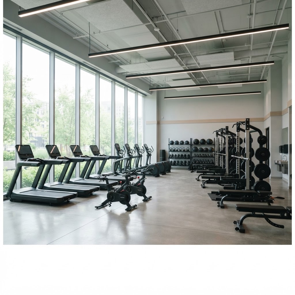 Modernes professionelles Fitnessstudio mit Cardiogeräten und Kraftstationen