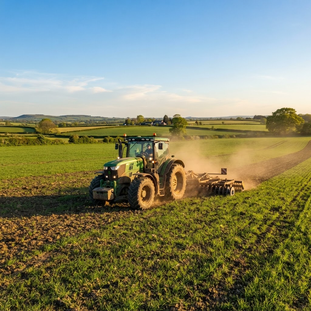 Moderne Landmaschine im Arbeitseinsatz auf einem landwirtschaftlichen Feld