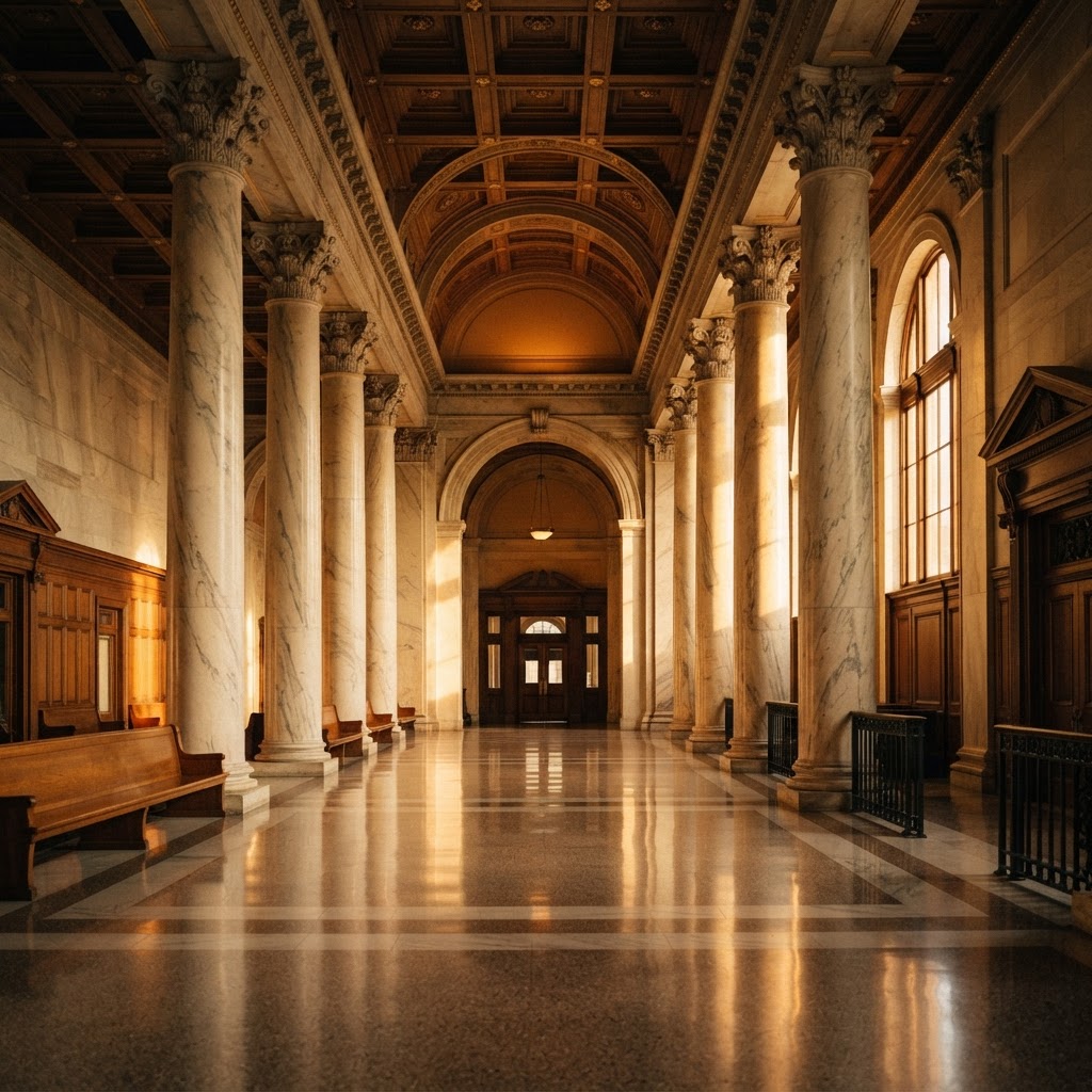 Grand courthouse interior with marble columns