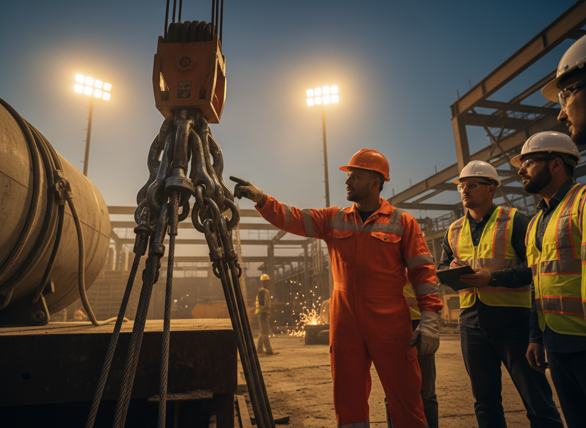 Trainer demonstrating rigging to workers
