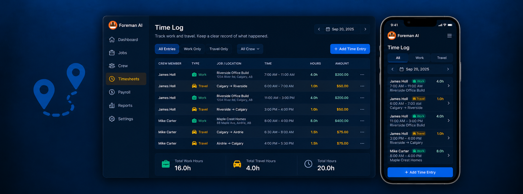 Foreman AI Time Log showing job hours with travel time identified separately, including paid and pending travel approval