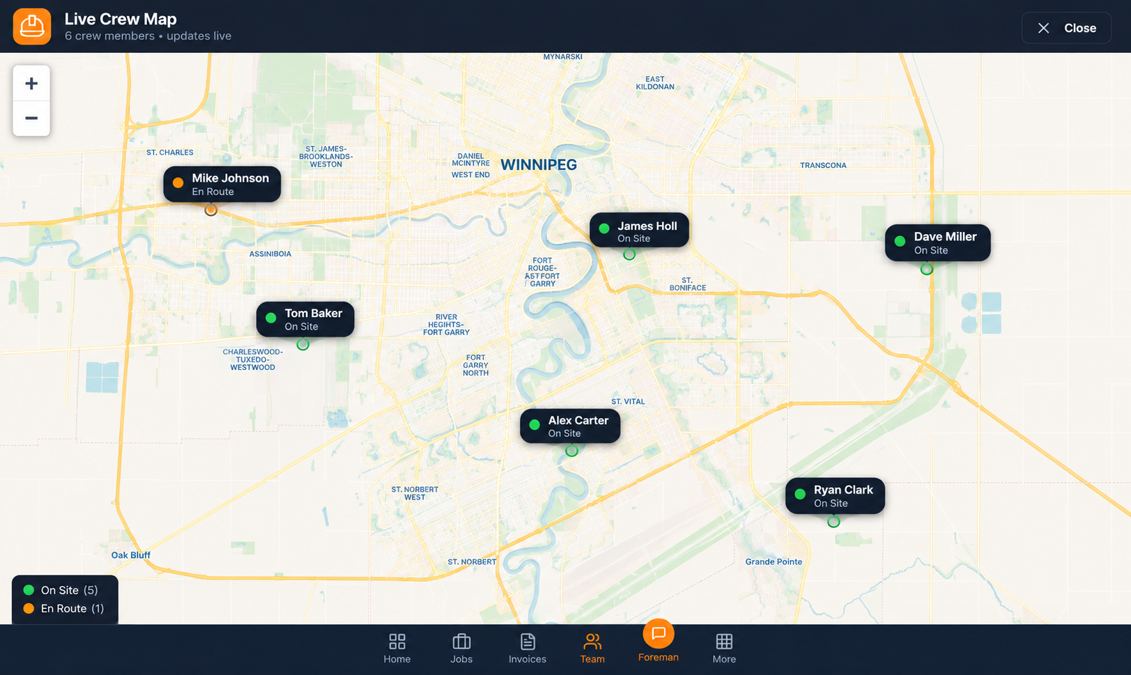 Foreman AI Live Crew Map — crew members shown on site and en route around Winnipeg