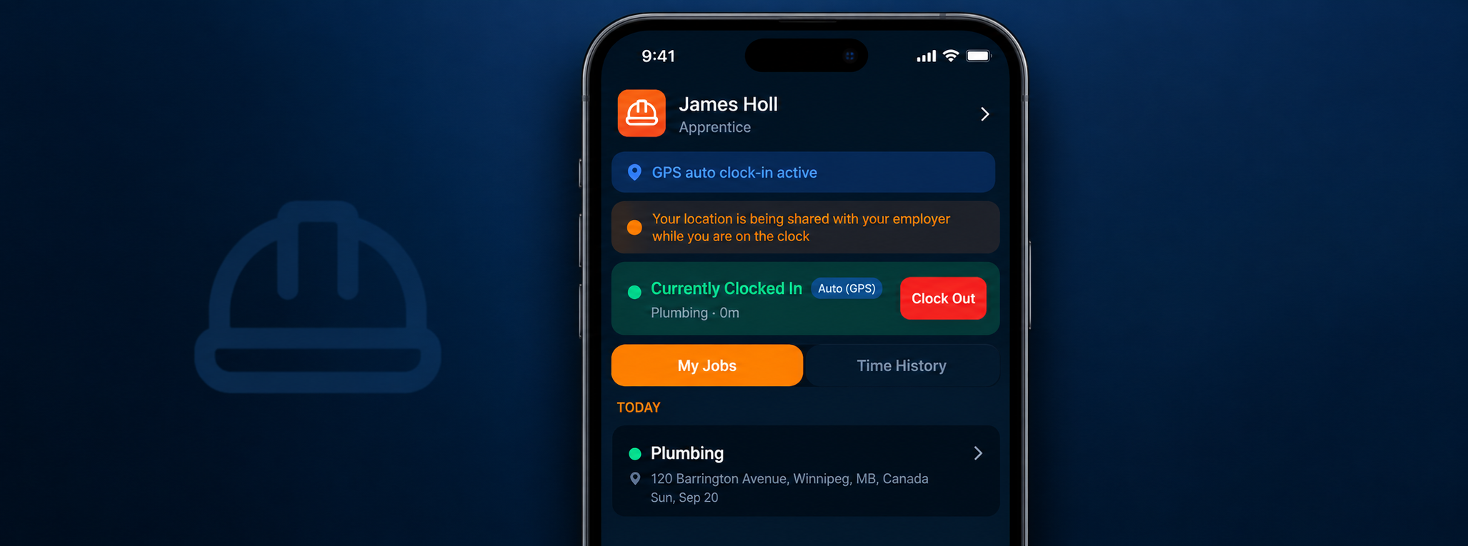 Crew member clocked in automatically via GPS on the Foreman AI mobile portal