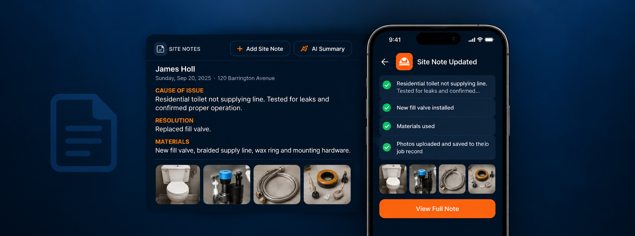 Foreman AI Site Notes — desktop admin view with field note, completed work, issues, materials, and job-site photos, alongside the crew mobile portal