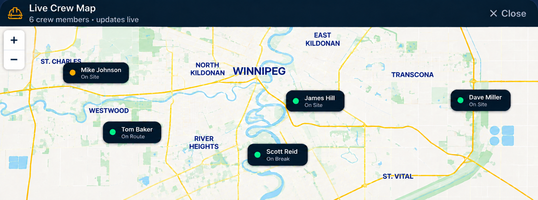 Live Crew Map showing multiple crew members on site and en route around Winnipeg