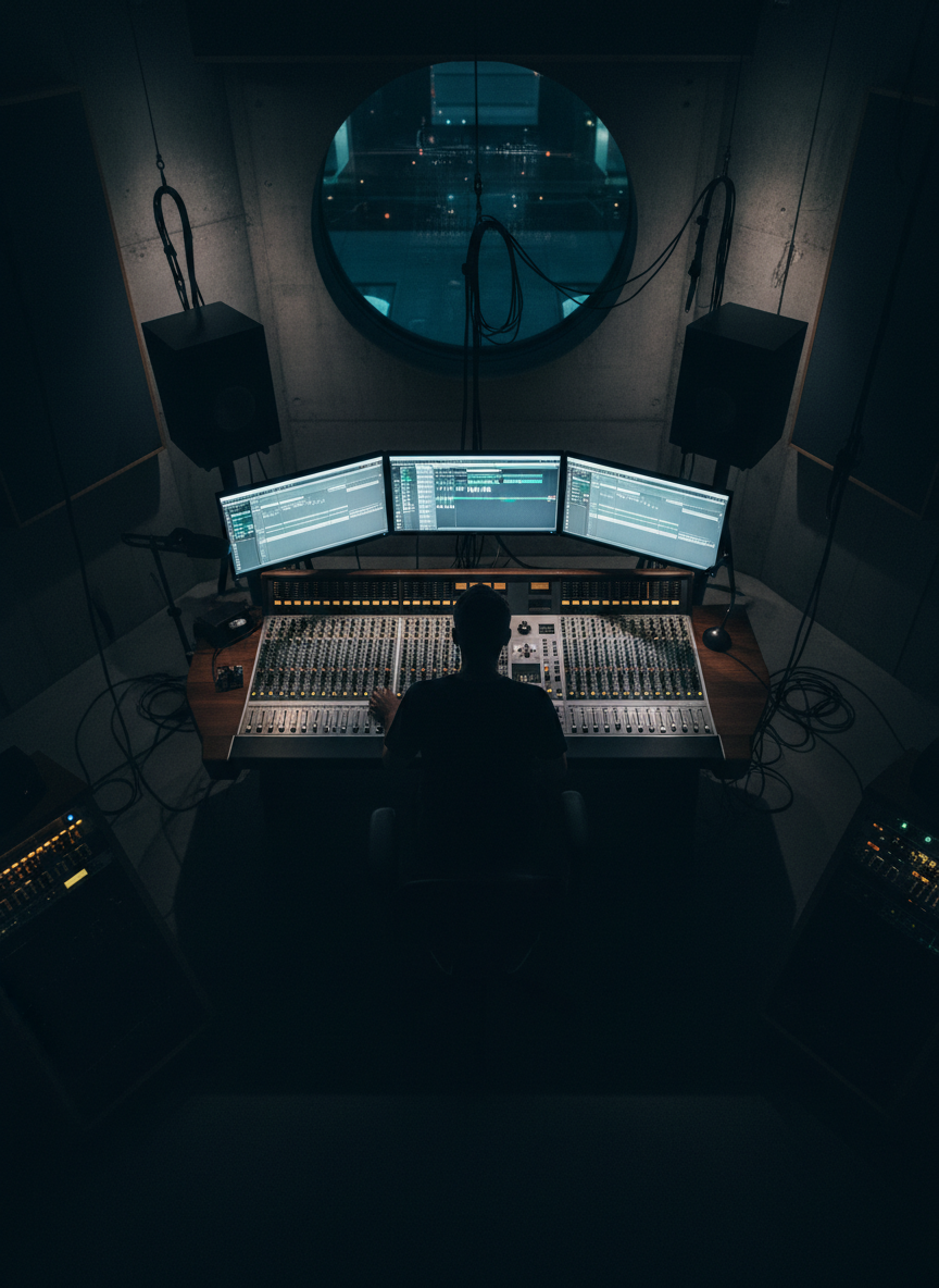 Producer working in a dimly lit recording studio