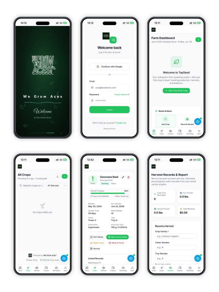 TapSeed app — splash, login, and dashboard screens