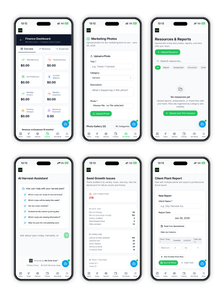 TapSeed app — finance, crops, and AI assistant screens