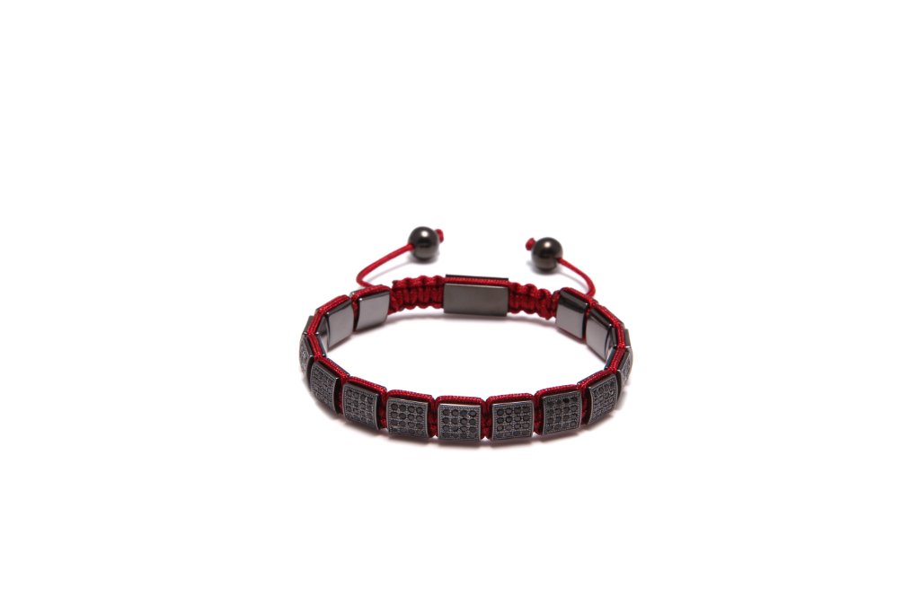 CZ Crystal Square Bracelet — Gunmetal & Red Cord