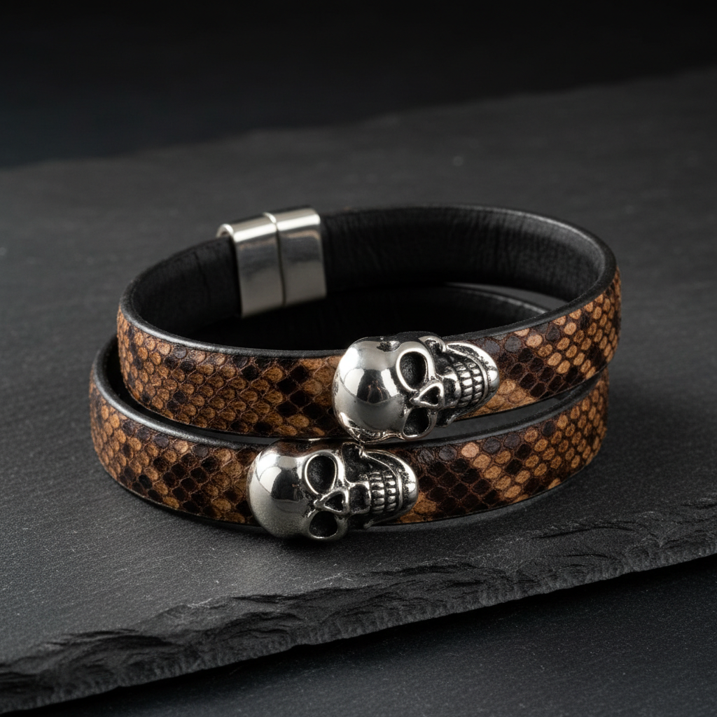 Python Skulls Leather Bracelet — Blue/Gold Heads