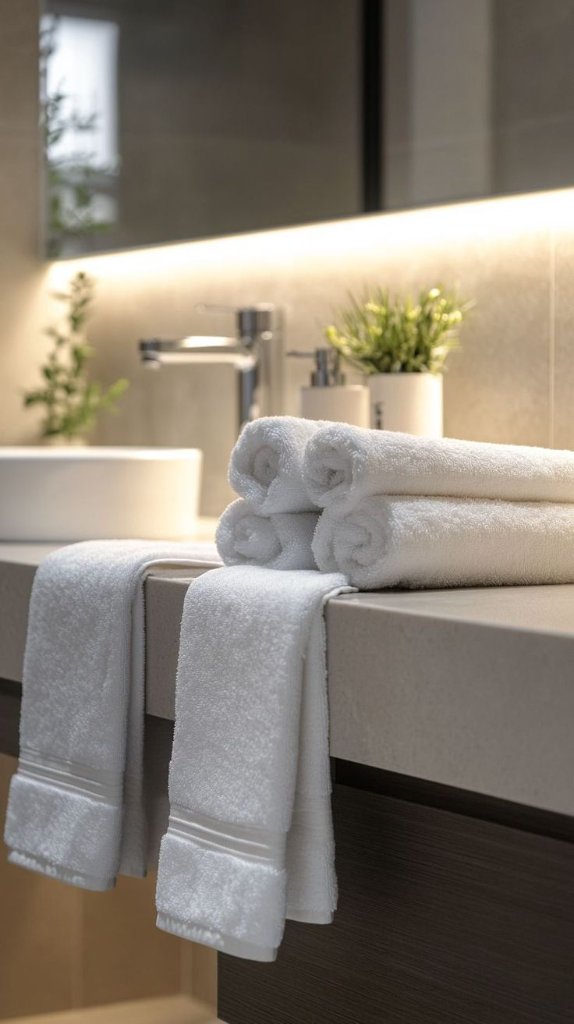 Neatly rolled towels on a clean bathroom vanity