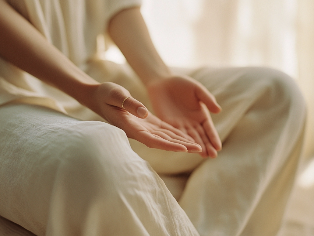 A person sitting peacefully, looking calm and present