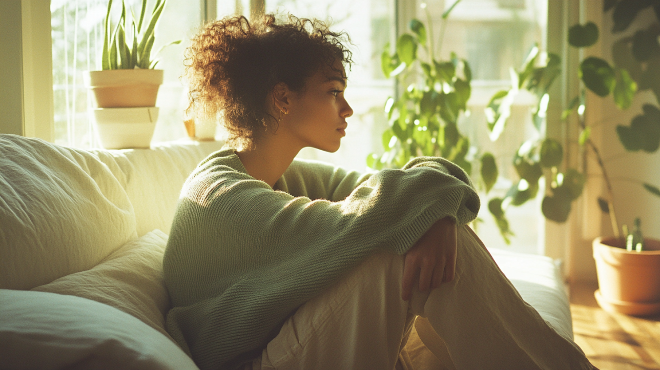 A calm woman sitting peacefully near a window with soft light