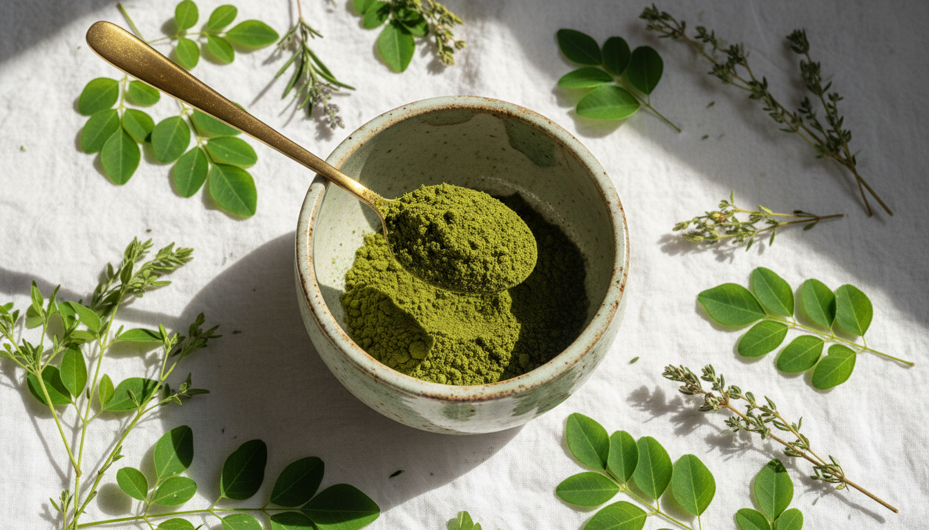Natural wellness ingredients with moringa powder