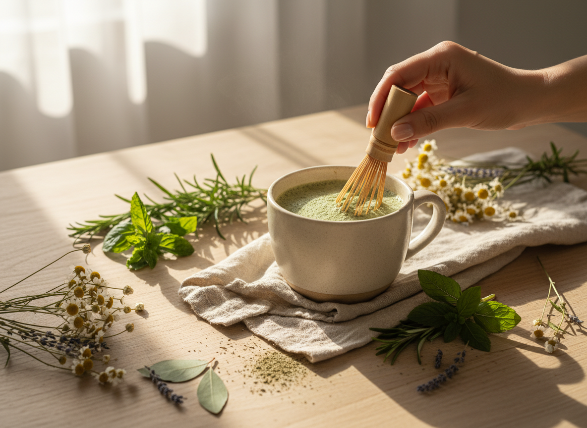 Hands preparing a herbal wellness drink