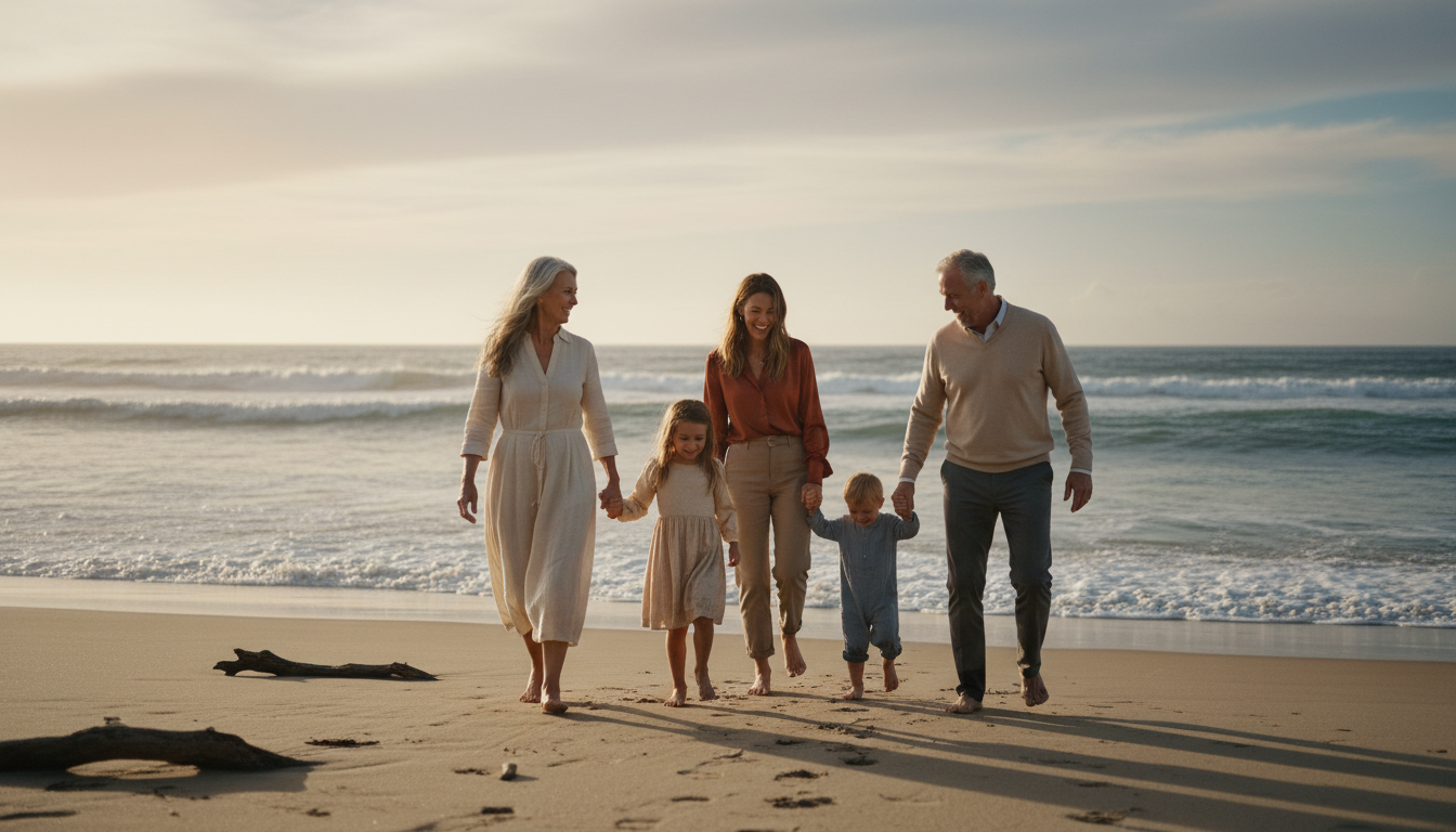 Family walking on a private coastal beach