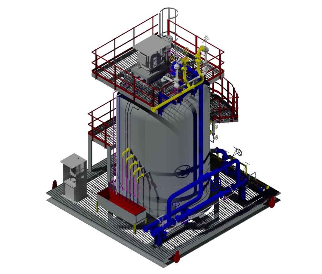 Skid-mounted DC treater 3D model showing the vertical vessel, interconnecting piping, top platform with power unit, and local control panel