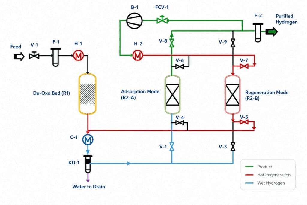 DeOxo + TSA hydrogen purification process flow diagram - dry-gas regeneration scheme